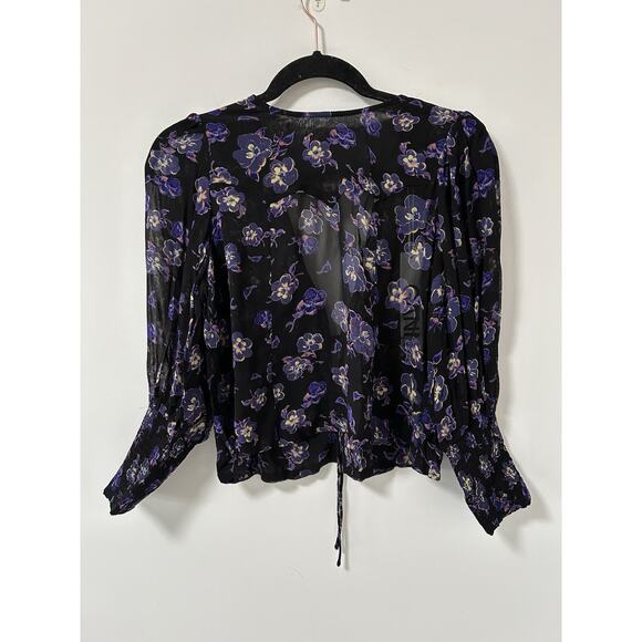 NWT Ganni Top Blouse Printed Floral Georgette Sheer Fairy Boho Black 34 Small - Picture 1 of 14